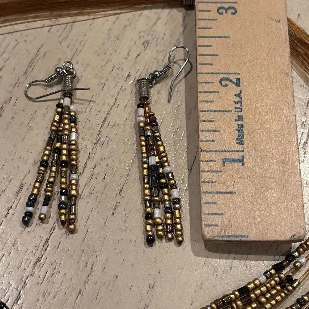 30 Strand Black & Gold Seed Bead Waterfall Necklace & Dangle Earrings